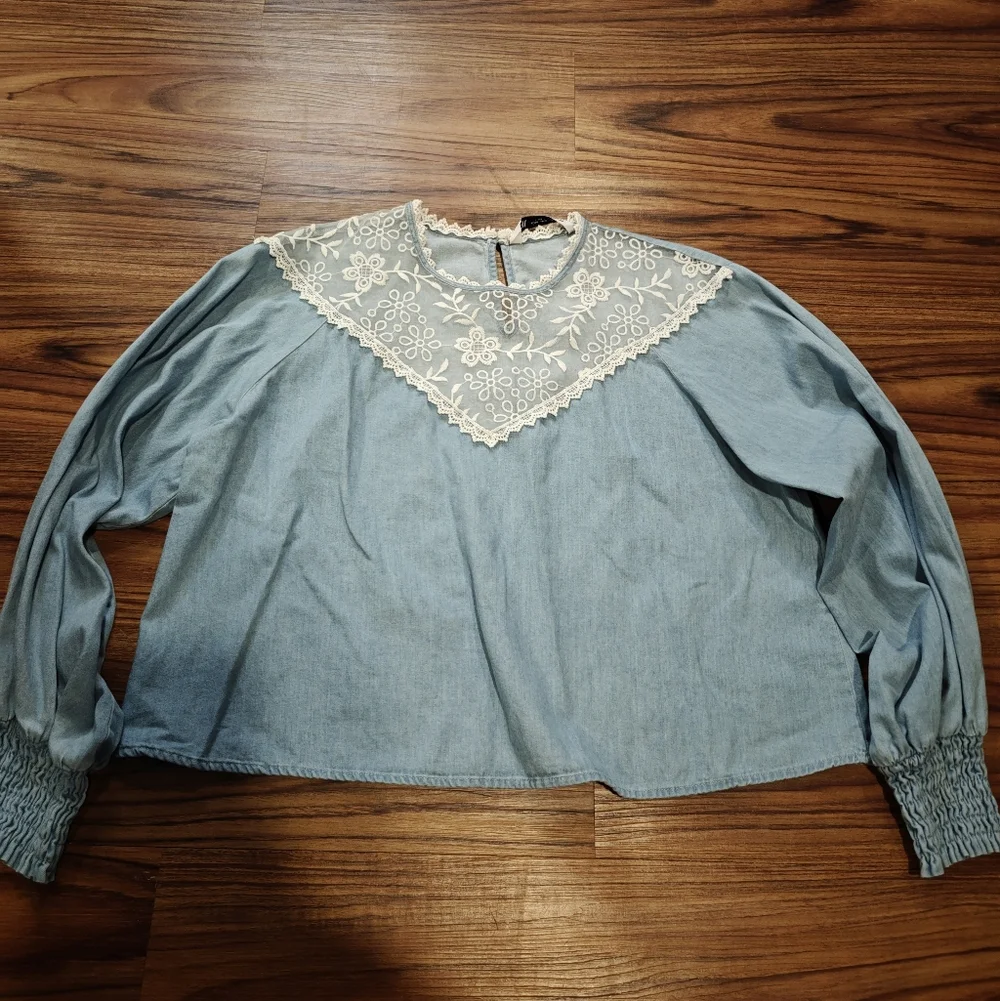 Zara Chambray Puff Sleeve Blouse
